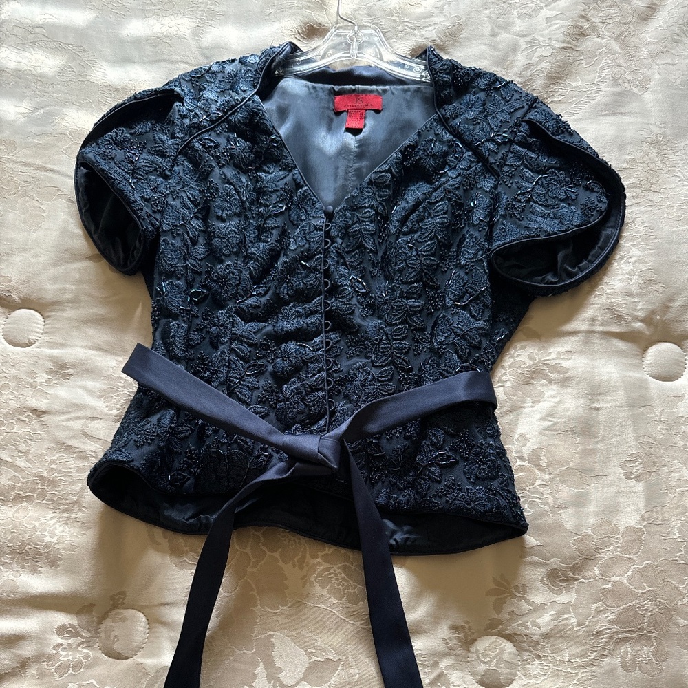 Beaded / embroided  navy blue dress wear top woman’s size 12